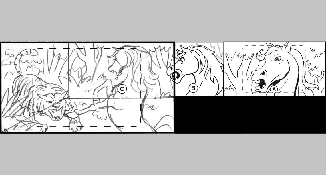 Children of the Wind, Scene 78, Panel 1
ACTION: EXT- INDIA FOREST- DAY- C.U. on IBNI, screaming- B.G. PAN, animating rotation of IBNI mimicking LIVE ACTION DOLLY SHOT, then T.O. to revealing crouching TIGER- IBNI is kicking hooves to ward off TIGER-