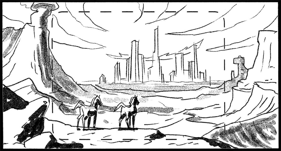 Children of the Wind, Scene 31, Panel 1
ACTION: EXT- OUTSKIRTS OF ARAB METROPOLIS-DAY- NUNU & IBNI stare at mirage-like megalopolis rising above the heat shimmer haze-
NARRATOR: “…and modern.”