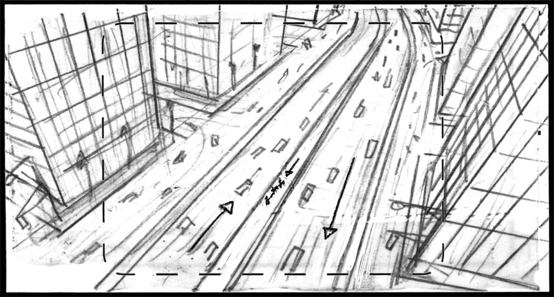 Children of the Wind, Scene 36, Panel 1
ACTION: EXT- ARAB METROPOLIS, DAY- DOWNSHOT on 6 lane freeway. Cars zip through frame in both directions- ABDUL leads IBNI & NUNU on footpath in divider-
NARRATOR: “They will learn the ways…”