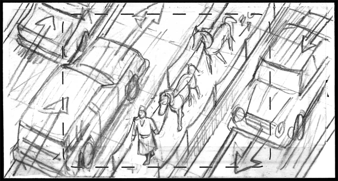 Children of the Wind, Scene 37, Panel 1
ACTION: EXT- ARAB METROPOLIS, DAY- BG SLIDE- ABDUL leads IBNI & NUNU on footpath in divider of freeway. Cars zip through frame in opposite directions-
NARRATOR: “…of both the city…”