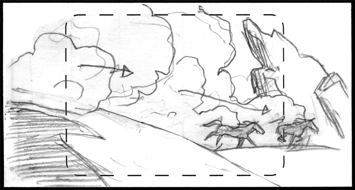 Children of the Wind, Scene 38, Panel 1
ACTION: EXT- DESERT- DAY- iBNI & NUNU are chased across dunes by a sand storm-
NARRATOR: “…and the desert.”