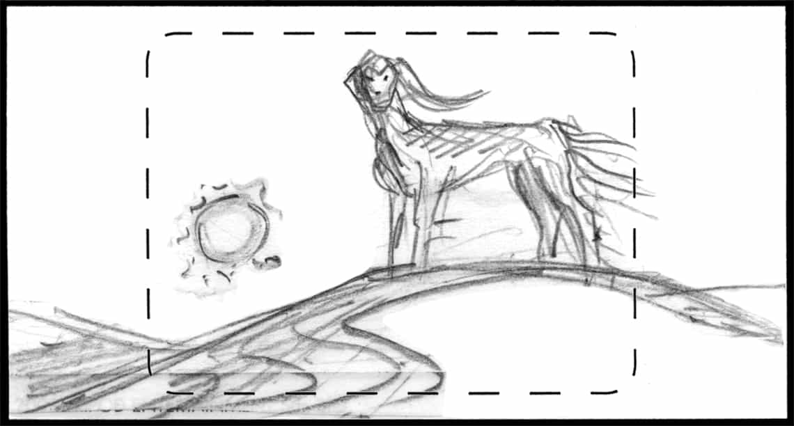 Children of the Wind, Scene 40, Panel 1
ACTION: EXT- DESERT- SUNSET- SALUKI HOUND stands on sand dune, wind ruffling fur-
NARRATOR: “…and animal.”