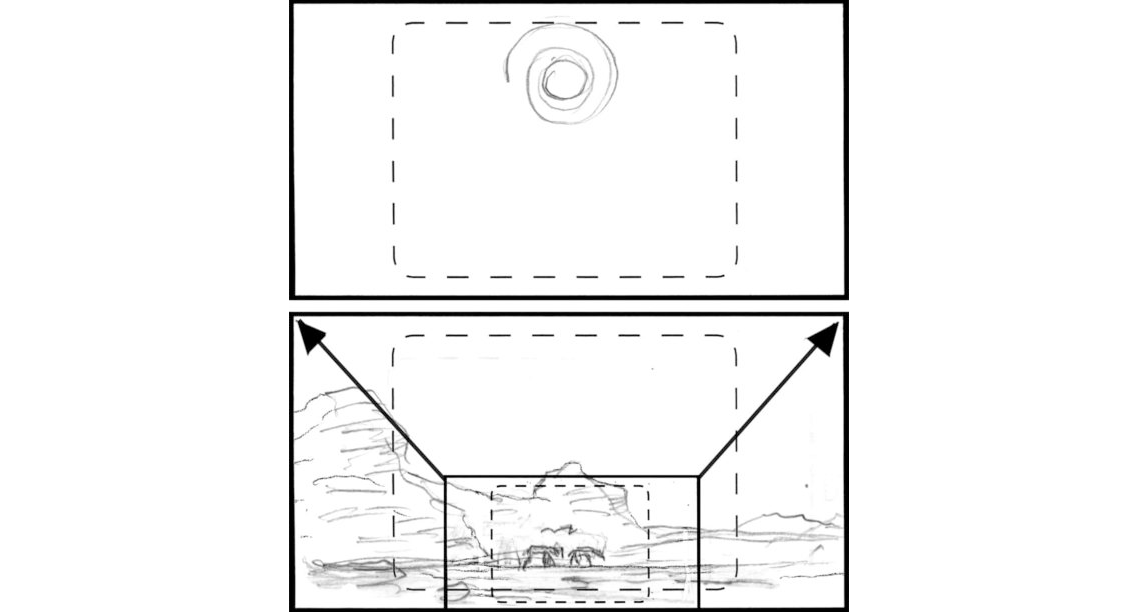 Children of the Wind, Scene 41, Panel 1
ACTION: EXT- DESERT- DAY- NUNU & IBNI trudge across desert at mid-day- T.O. and VERT PAN up to SUN (BACK LIT)-
NARRATOR: “Scorched by the sun…”