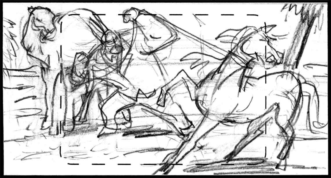 Children of the Wind, Scene 43, Panel 1
ACTION: EXT- DESERT- DAY- CAMEL watches IBNI struggle against KAMAL, who has lariat around IBNI’S neck.