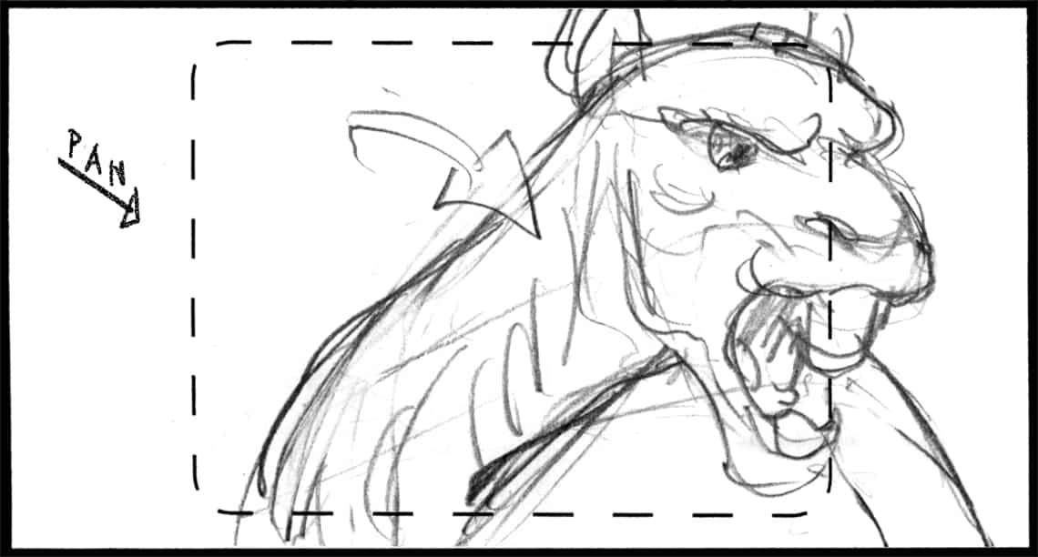 Children of the Wind, Scene 44, Panel 1
ACTION:- C.U. on CAMEL; Slight DIAG. PAN to keep CAMEL framed as she bares her teeth, leans down to bite-
NARRATOR: “Aided by friends…”