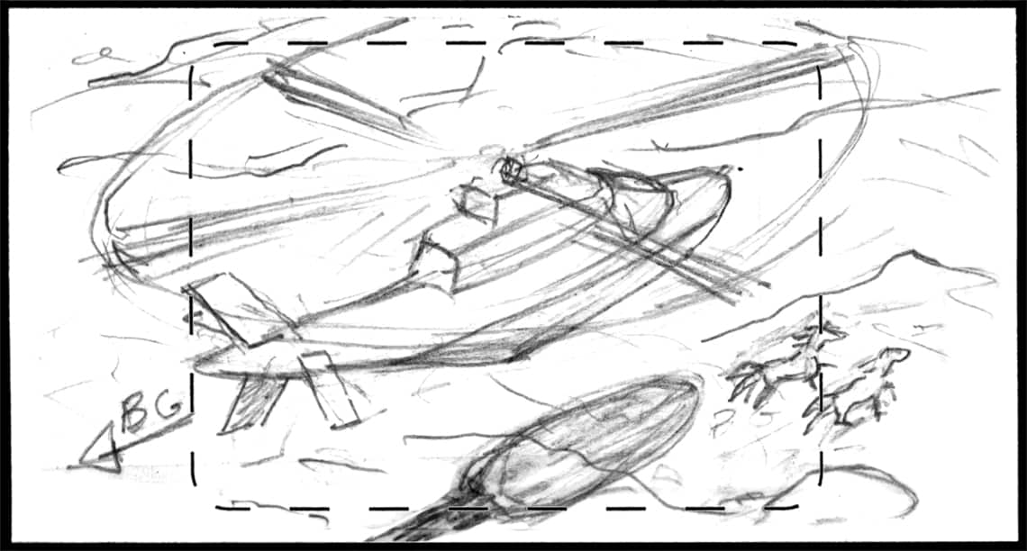 Children of the Wind, Scene 46, Panel 1
ACTION: EXT- DESERT- DAY- DOWN SHOT- B.G. SLIDE- O.T.S. HELECOPTER as it pursues NUNU & IBNI-
NARRATOR: “…and pursued…”