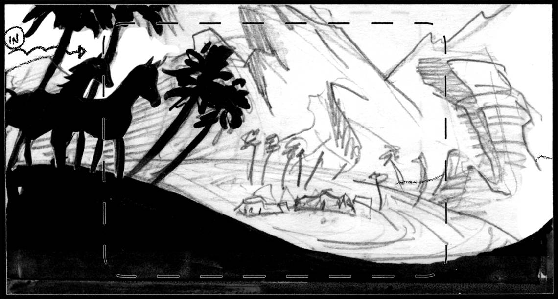 Children of the Wind, Scene 51, Panel 1
ACTION: EXT- BEDOUIN ENCAMPMENT AT OASIS- DAY- NUNU & IBNI  wander IN, stop in FG-
NARRATOR: “…their rightful heritage…”