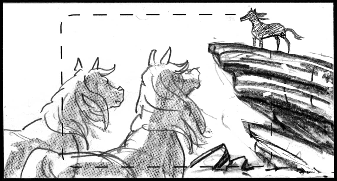 Children of the Wind, Scene 52, Panel 1
ACTION: EXT- DESERT- DAY- IBNI & NUNU look up at BLACK STALLION, posing iconically on craggy outcropping-
NARRATOR: “…and find…”