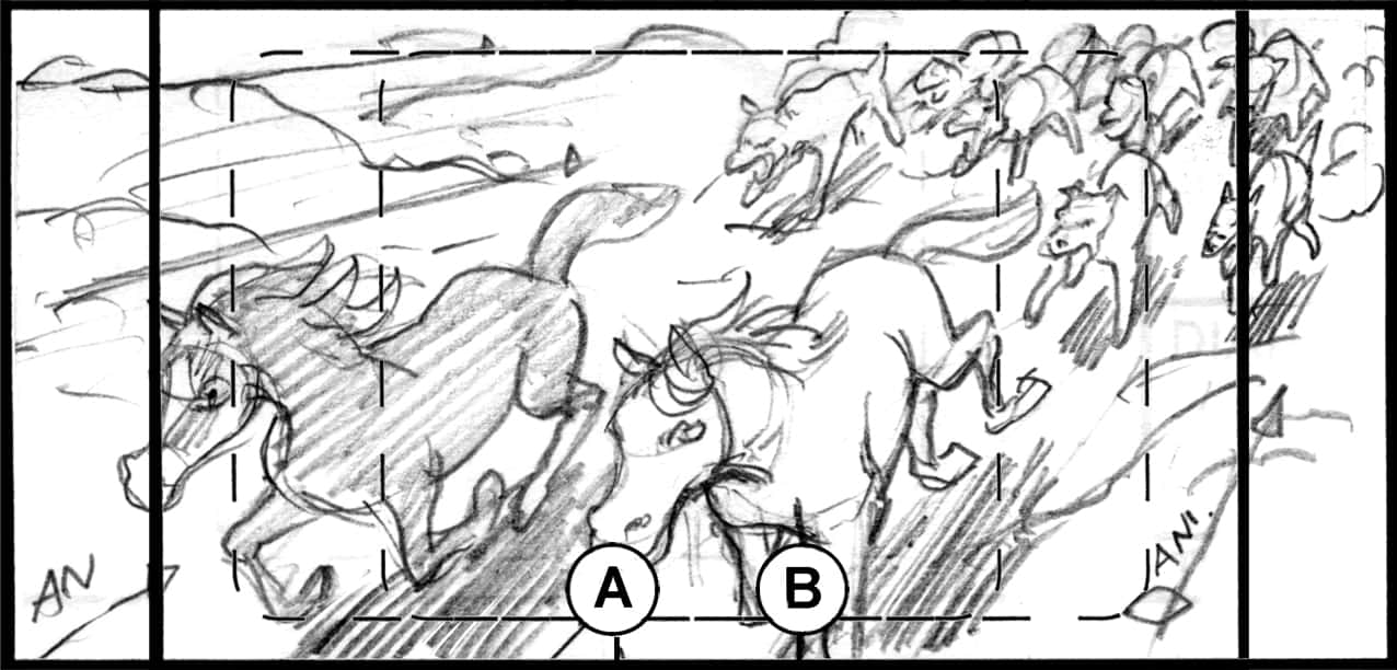 Children of the Wind, Scene 54, Panel 1
ACTION: EXT- DESERT- DAY- IBNI & NUNU are pursued by pack of dogs- ANIMATE BG; LEFT TO RIGHT DRIFT CAM-
NARRATOR: “The fastest of the fast…”