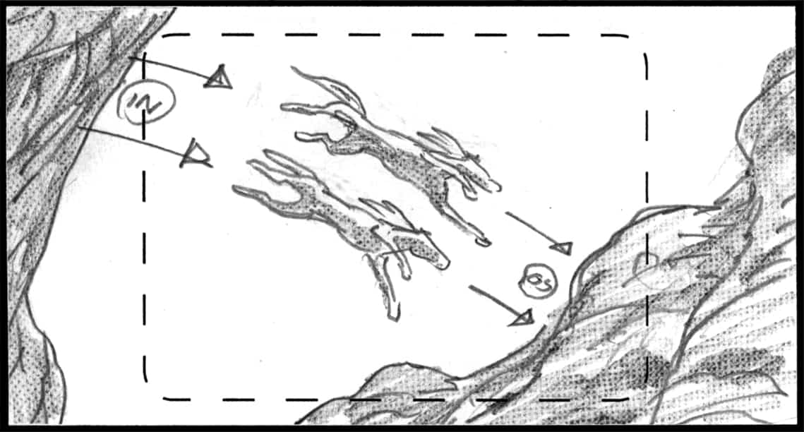 Children of the Wind, Scene 55, Panel 1
ACTION: EXT- DESERT- DAY- UPSHOT on ravine; IBNI & NUNU leap across-
 NARRATOR: “…the bravest…”