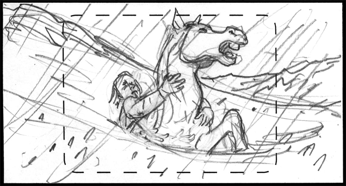 Children of the Wind, Scene 56, Panel 1
ACTION: EXT- OCEAN- STORM- DAY- CADI clings desperately to IBNI’s neck-
NARRATOR: “…of the brave…”