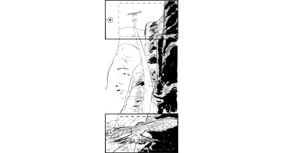 Children of the Wind, Scene 58, Panel 1
ACTION: EXT- CLIFFS, ASIR HIGHLANDS- DAY- FALCON IN, under cam- VERT PAN to follow FALCON as it flies over cliffs, into the distance-