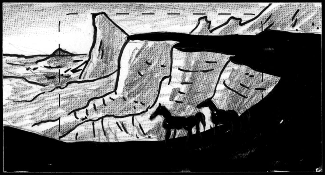 Children of the Wind, Scene 59, Panel 1
ACTION: EXT- CLIFFS, ASIR HIGHLANDS- DAWN- NUNU & IBNI stand on edge of cliff, facing about-to-rise SUN-