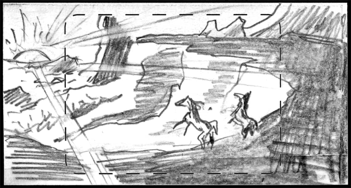 Children of the Wind, Scene 59, Panel 2
ACTION: SUN breaks horizon (BACK LIT); FOALS rear back on their haunches in greeting-
NARRATOR: “…and THEIR story.”