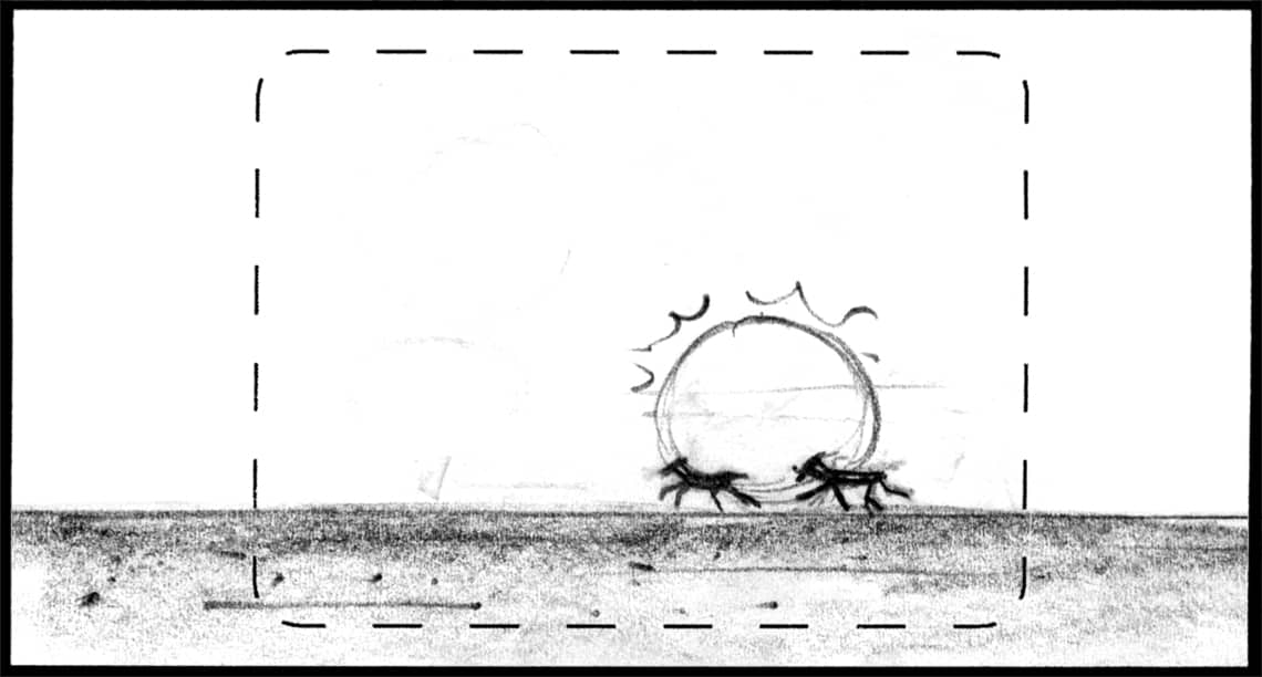 Children of the Wind, Scene 60, Panel 1
ACTION: EXT- DESERT- SUNRISE- FOALS race across flat desert as SUN (BACKLIT) rises in BG-