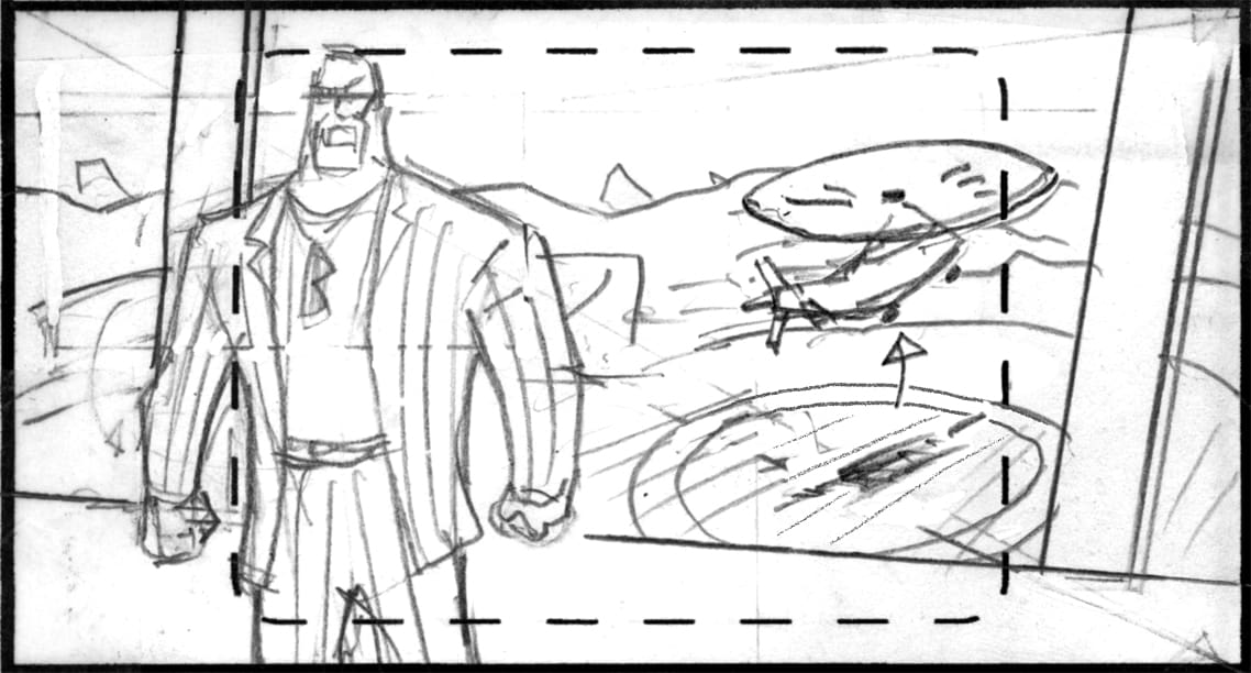 Children of the Wind, Scene 67, Panel 1
ACTION: INT- BAKIR’S COMPOUND- NIGHT- BAKIR looks pissed in F.G.; HELECOPTER starts to rise in B.G.-