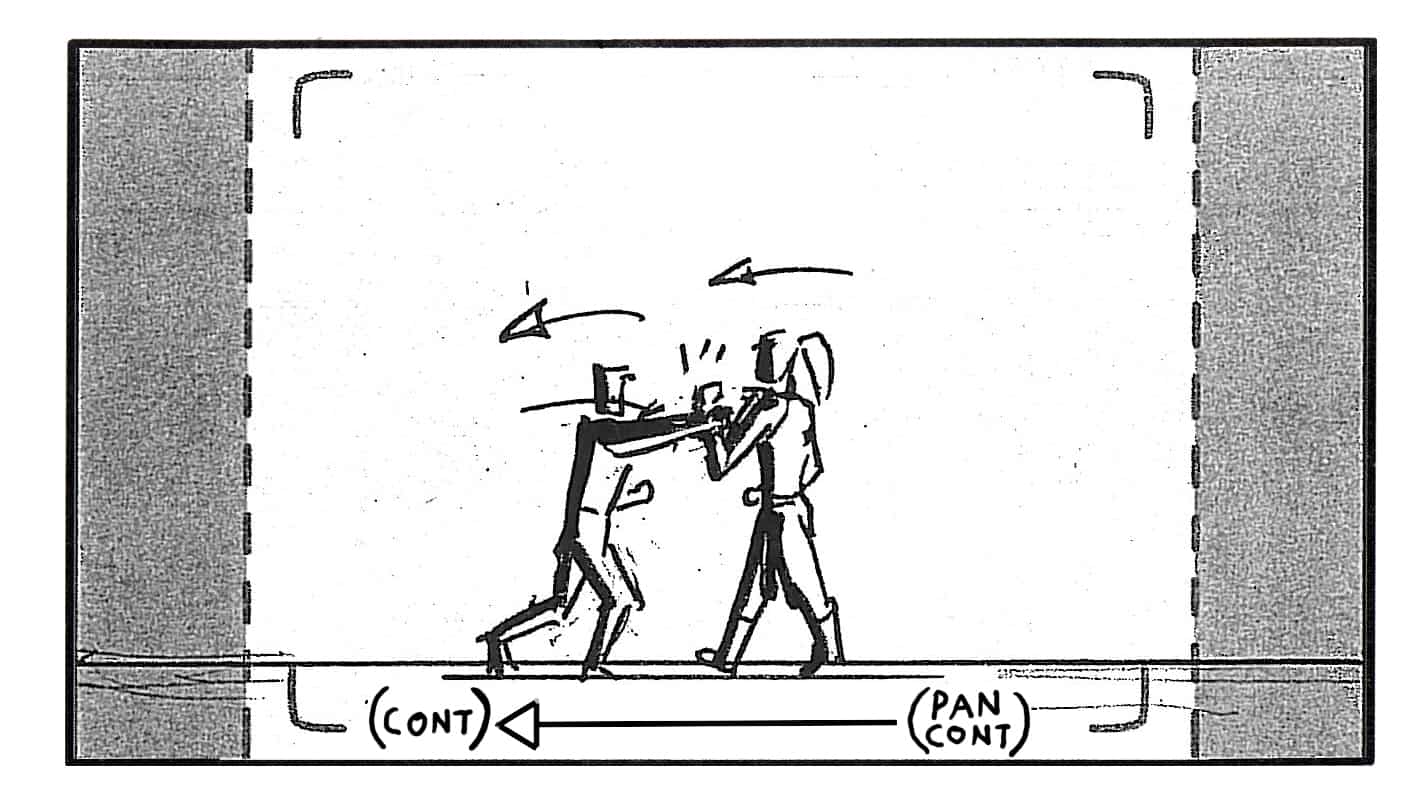 LotD 12 Sc A51 pnl 5
Action: Ang throws a third punch which L/GD blocks effortlessly without breaking stride-
(SLOW CONTINUOUS CAMERA PAN)
Dialogue: ANG (EFFORT GRUNT)