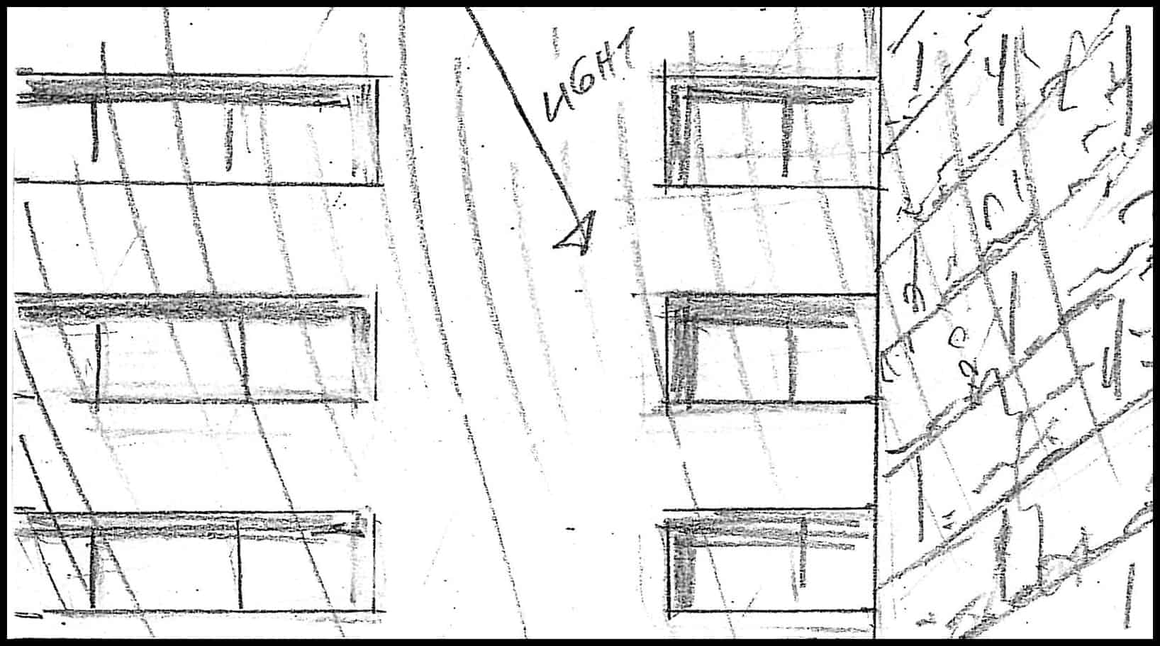 SpawnDVDSeqL Sc 15 Pnl 1
Action: THUNDER/ LIGHTNING/ RAIN (EFX/SFX) Angle on entrance to dead end