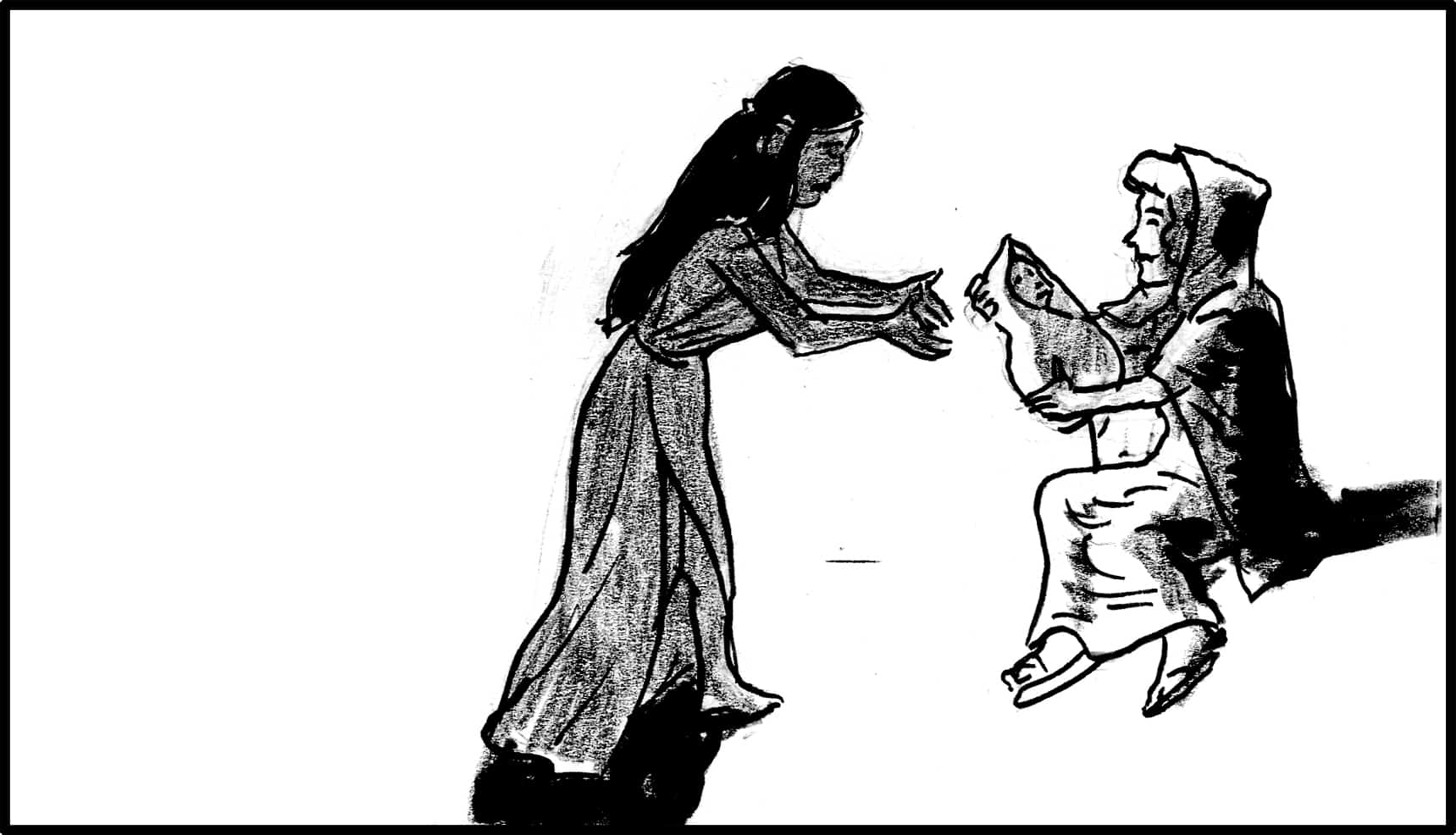 Action: Clleangela stops, reaches out- Mary hands Jesus to her-