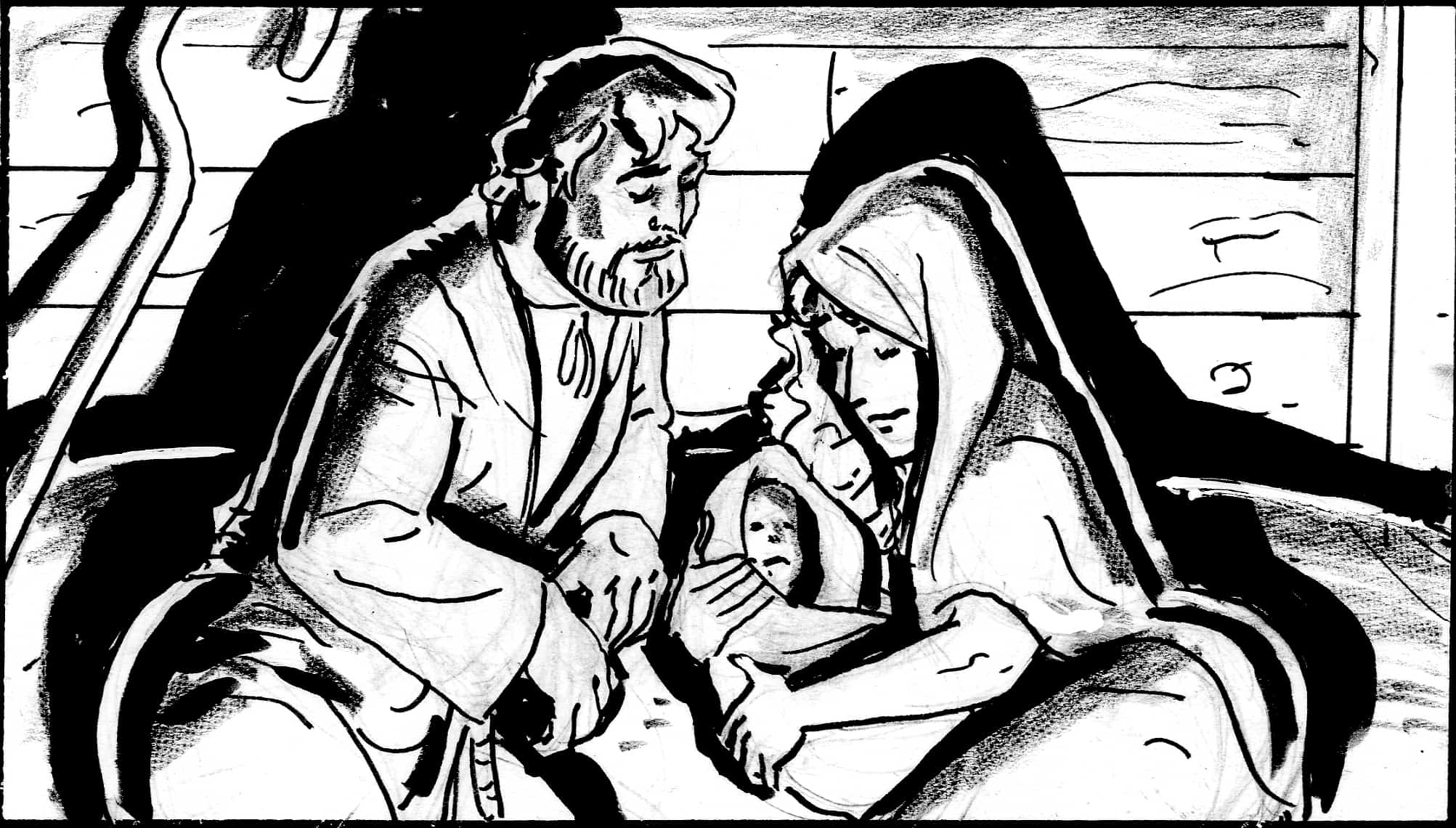 Action: Joseph gazes down at Mary and Jesus-