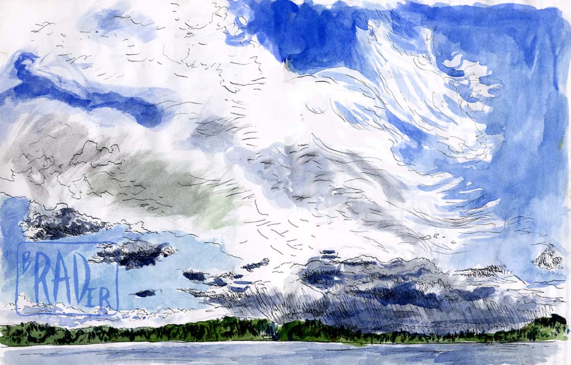 Big lake, sunny day, drawn from life by Brad Rader